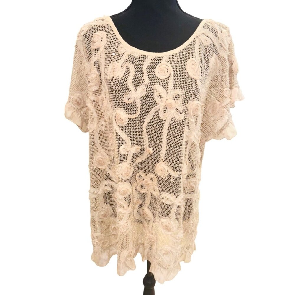 Perch Blu Pepper Beige Lace Mesh Overlay Top 2XL Romantic Cottage Cover Up Sheer